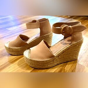 Marc Fisher LTD Alida Leather Espadrille Wedge Sandal, Tan, Size 9.5